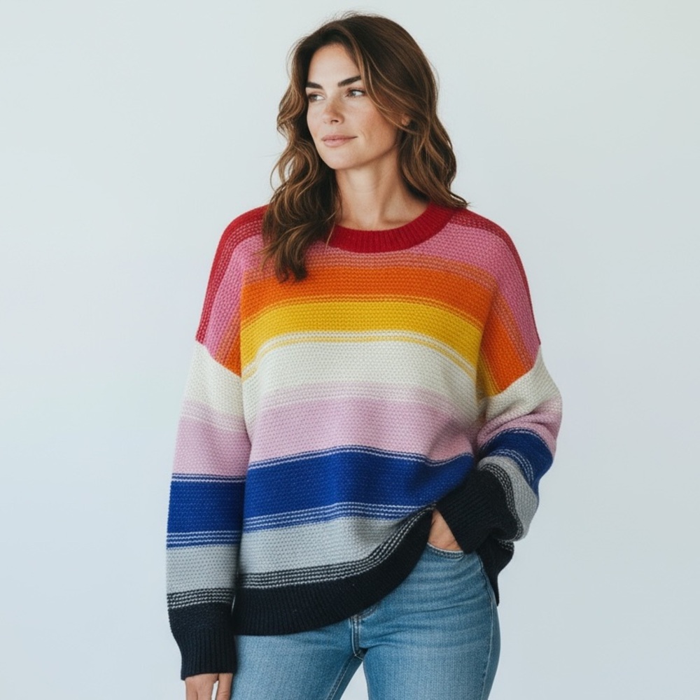Old Navy Women's XL Relaxed Fit LS Crew Sweater Multi‎ Striped EUC